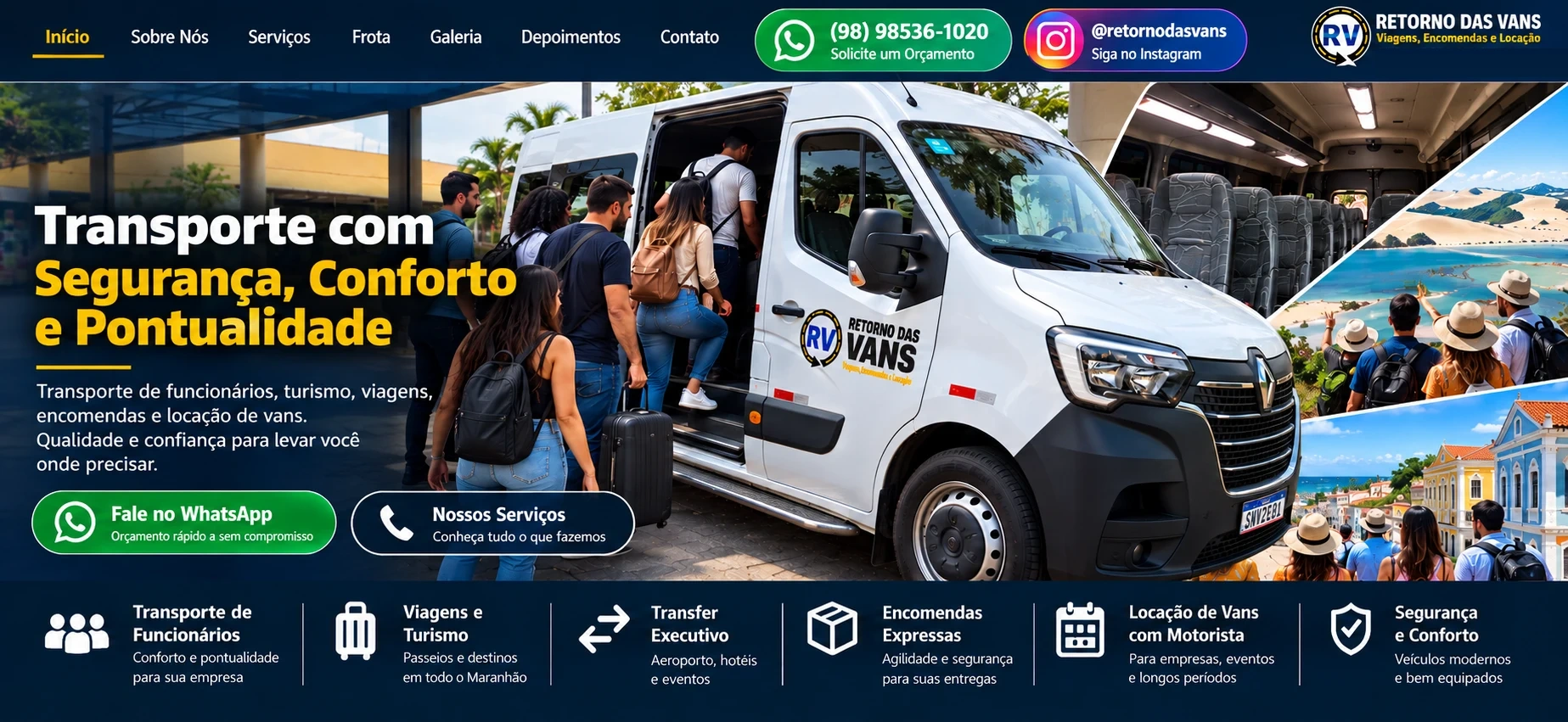 Capa aprovada da Retorno das Vans: passageiros homens e mulheres embarcando sem uniforme, van, turismo e serviços